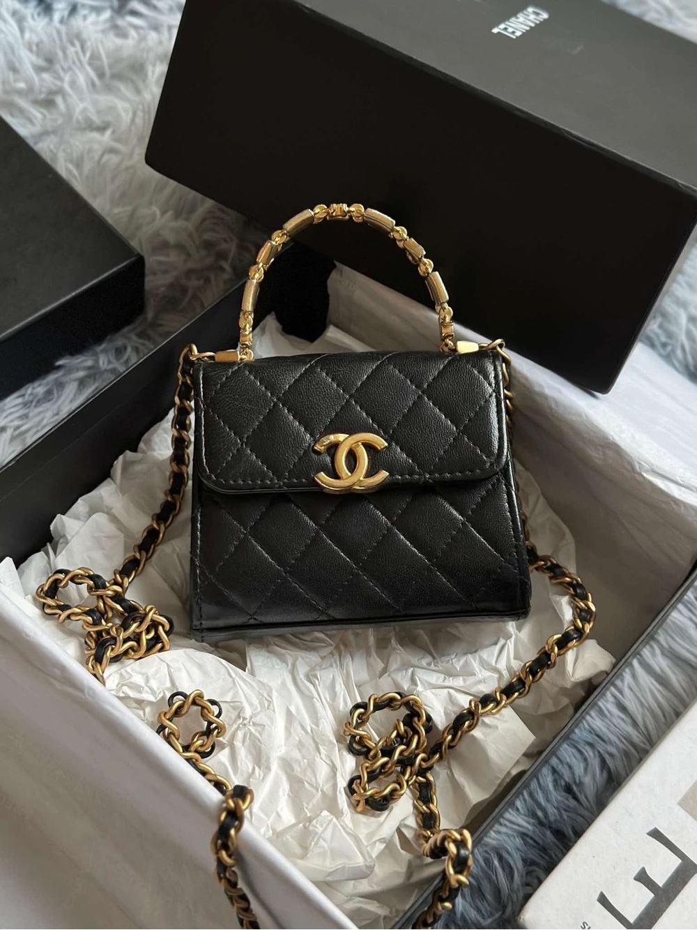 CHANEL Black Quilted Mini Top-Handle Bag with Gold Hardware